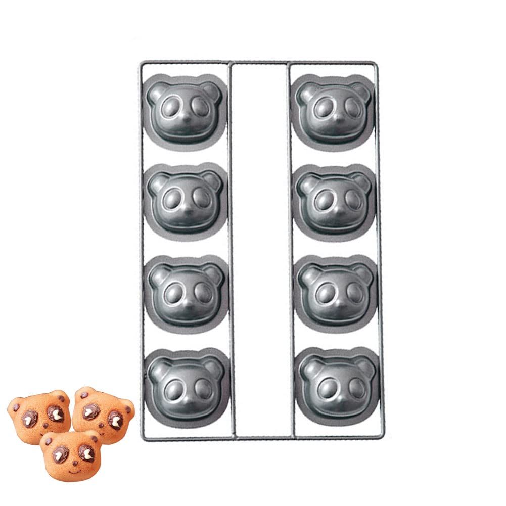 Non-stick 8-cavity cake baking pan with panda and bear molds, ideal for muffins, brownies, and cheesecakes, by Everything Baby.