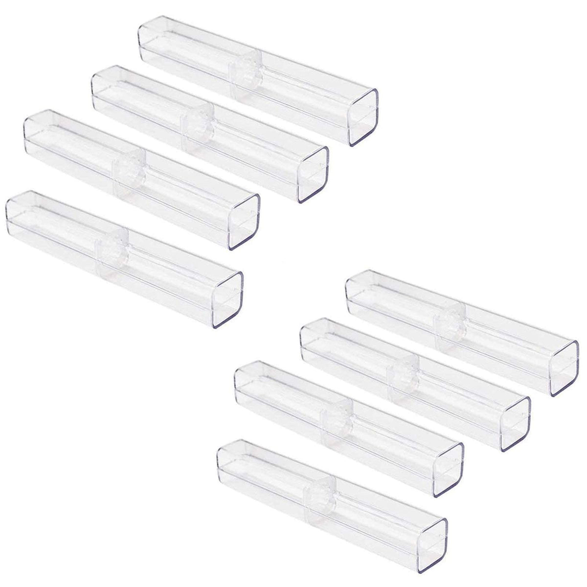 Set of 8 clear plastic ballpoint pen gift boxes with lids, ideal for storing pens and pencils for business or school use.