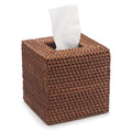 Honey brown rattan tissue box cover with open bottom, square shape, 5.5x5.5x5.9 inches, natural woven facial napkin holder.