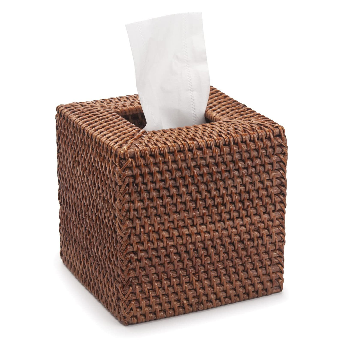 Honey brown rattan tissue box cover with open bottom, square shape, 5.5x5.5x5.9 inches, natural woven facial napkin holder.