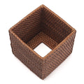 Natural woven rattan tissue box cover in honey brown, square open bottom, fits facial napkins, 5.5x5.5x5.9 inches.