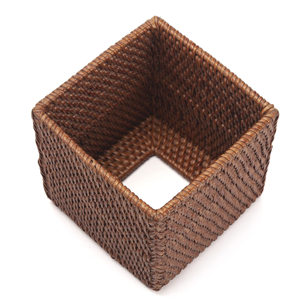 Natural woven rattan tissue box cover in honey brown, square open bottom, fits facial napkins, 5.5x5.5x5.9 inches.