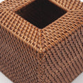 Natural woven rattan tissue box cover in honey brown, square open-bottom design, fits facial napkins, 5.5x5.5x5.9 inches.