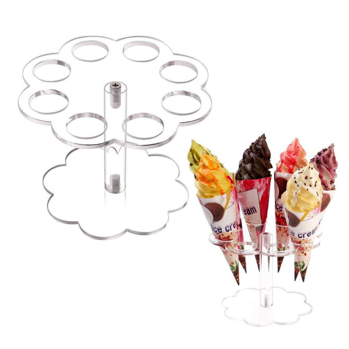 Clear cotton candy stand with mini waffle cone holder for cupcakes, suitable for weddings, baby showers, and birthday parties.