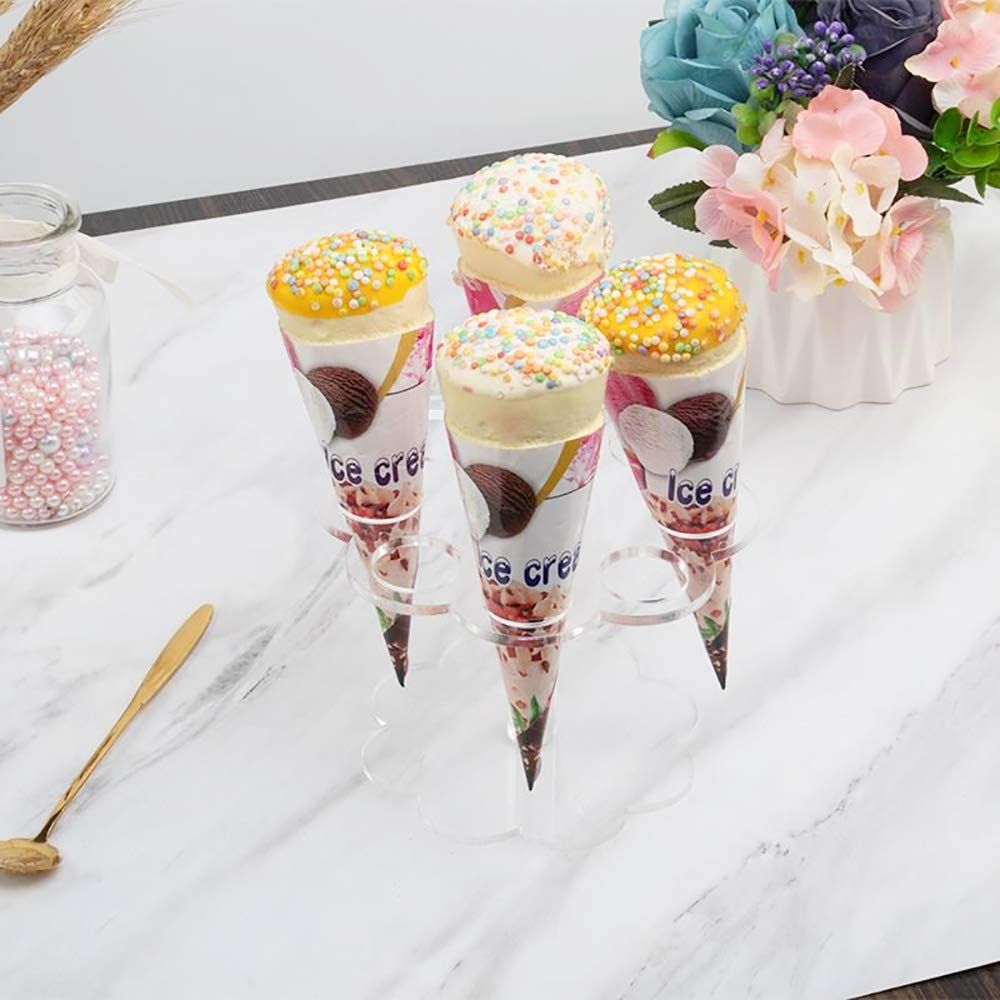 Clear cotton candy stand with mini waffle cone holder for cupcakes, ideal for baby showers, weddings, and birthday parties.