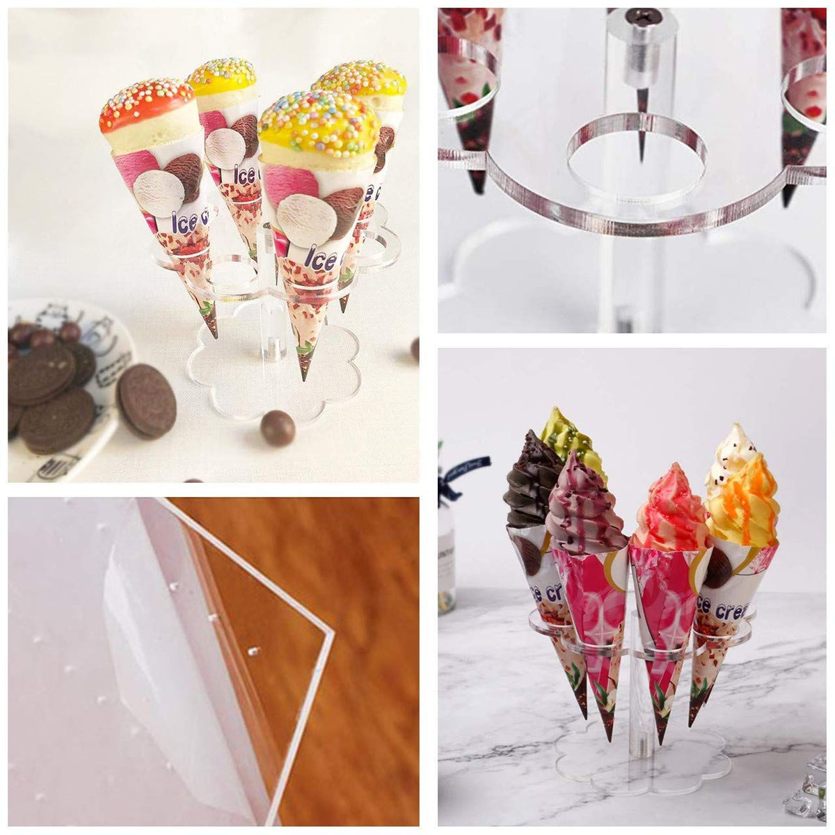 Clear cotton candy stand with mini waffle cone holder for cupcakes, ideal for weddings, baby showers, and birthday parties.