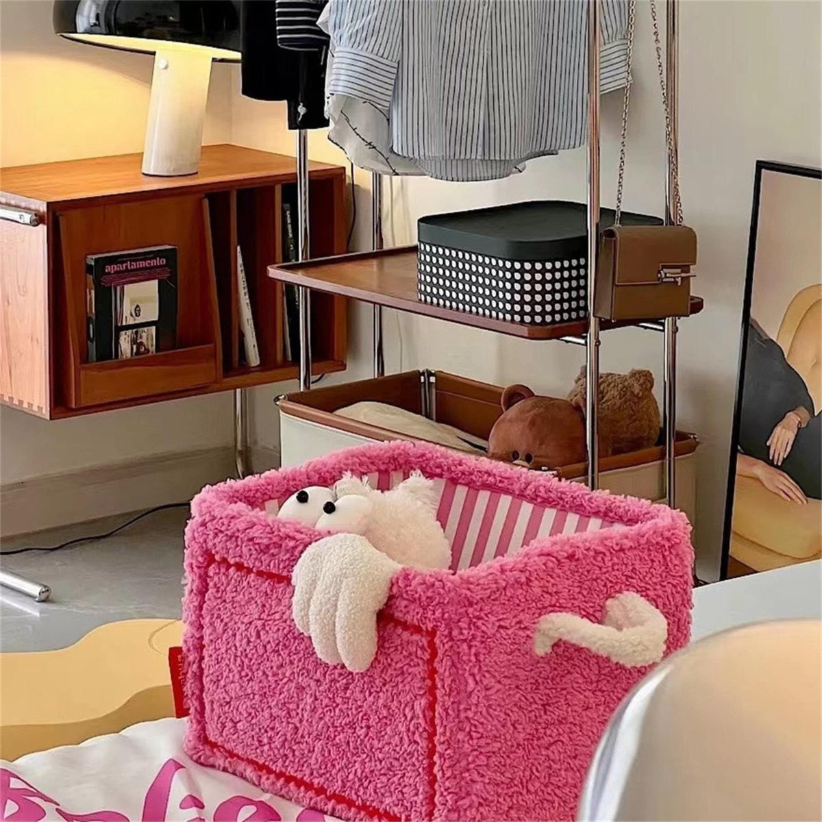 Pink cube storage box for kids, featuring a cute design, ideal for toys and snacks in nursery or playroom, by Everything Baby.