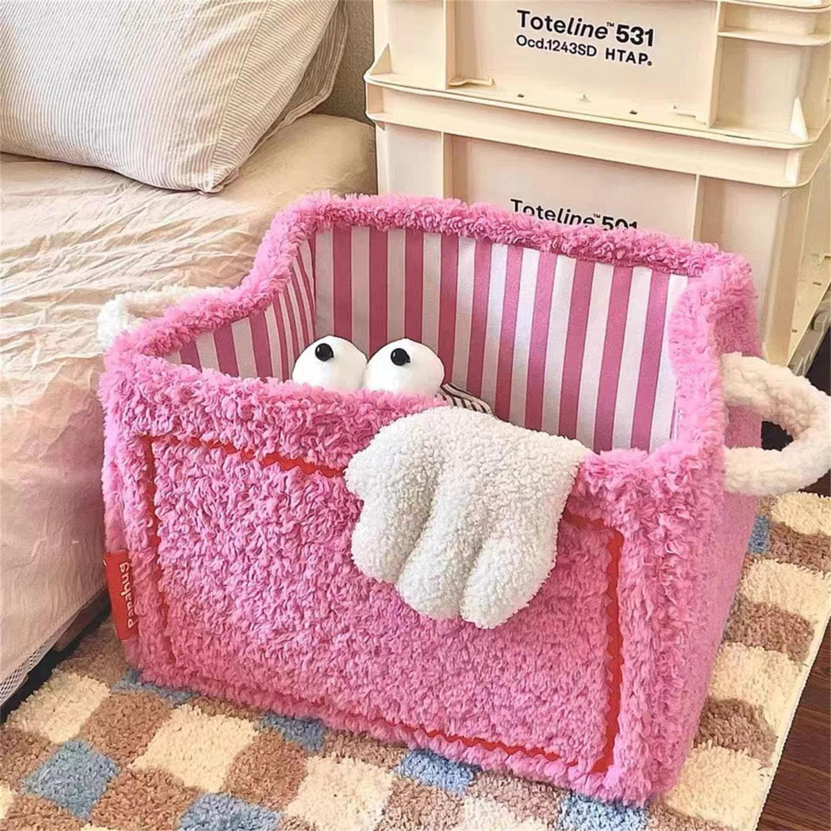 Pink cube storage box by Everything Baby, soft foldable toy and snack organizer for children’s nursery or playroom.