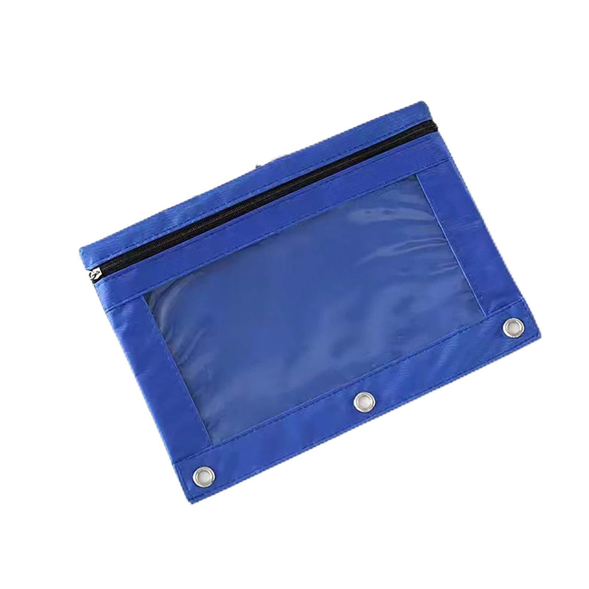Blue transparent PVC pencil pouch with three holes and single zipper, large capacity pen and pencil case for kids.