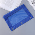 Blue transparent PVC pencil pouch with three-hole design and single zipper for storing pens and pencils.