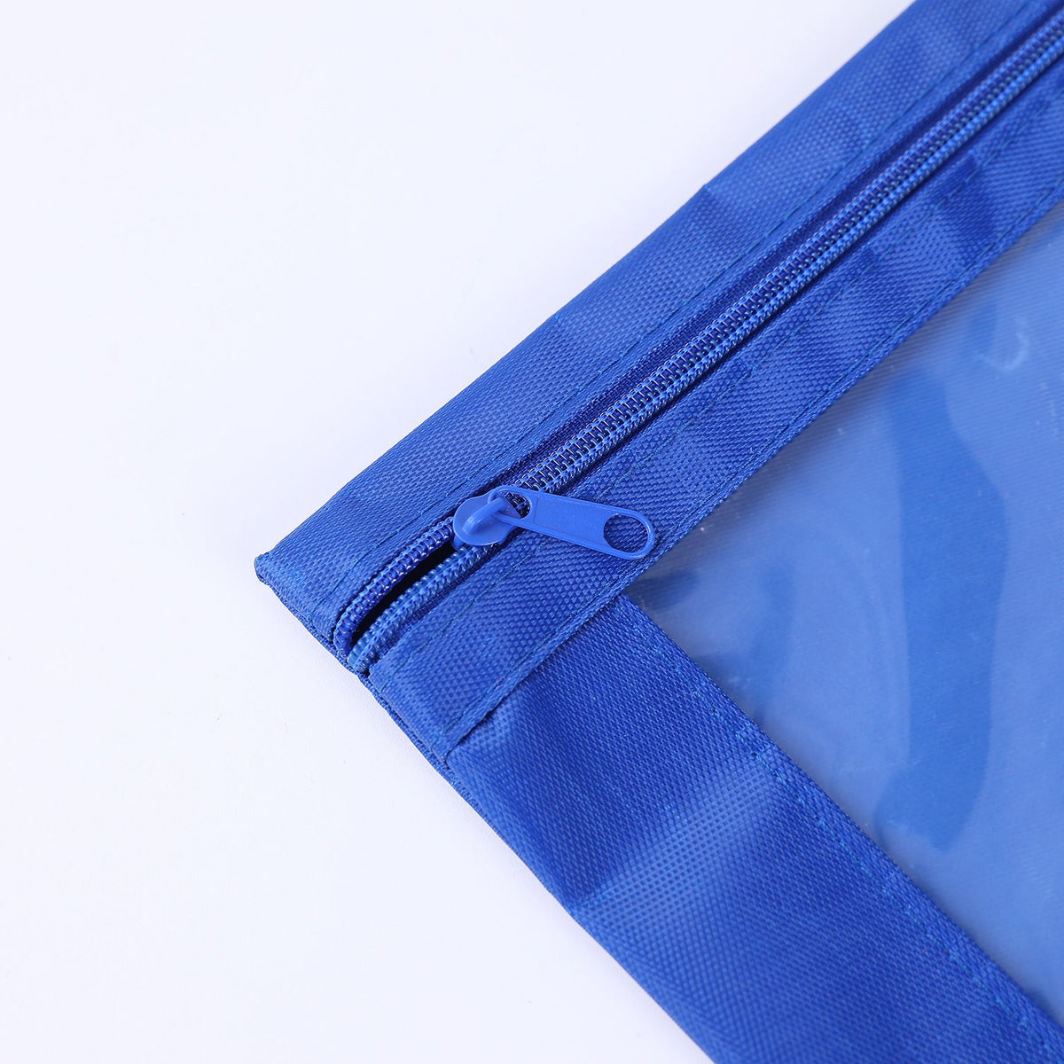 Blue transparent PVC pencil pouch with single zipper, large capacity, suitable for kids' pens and pencils, from Everything Baby.