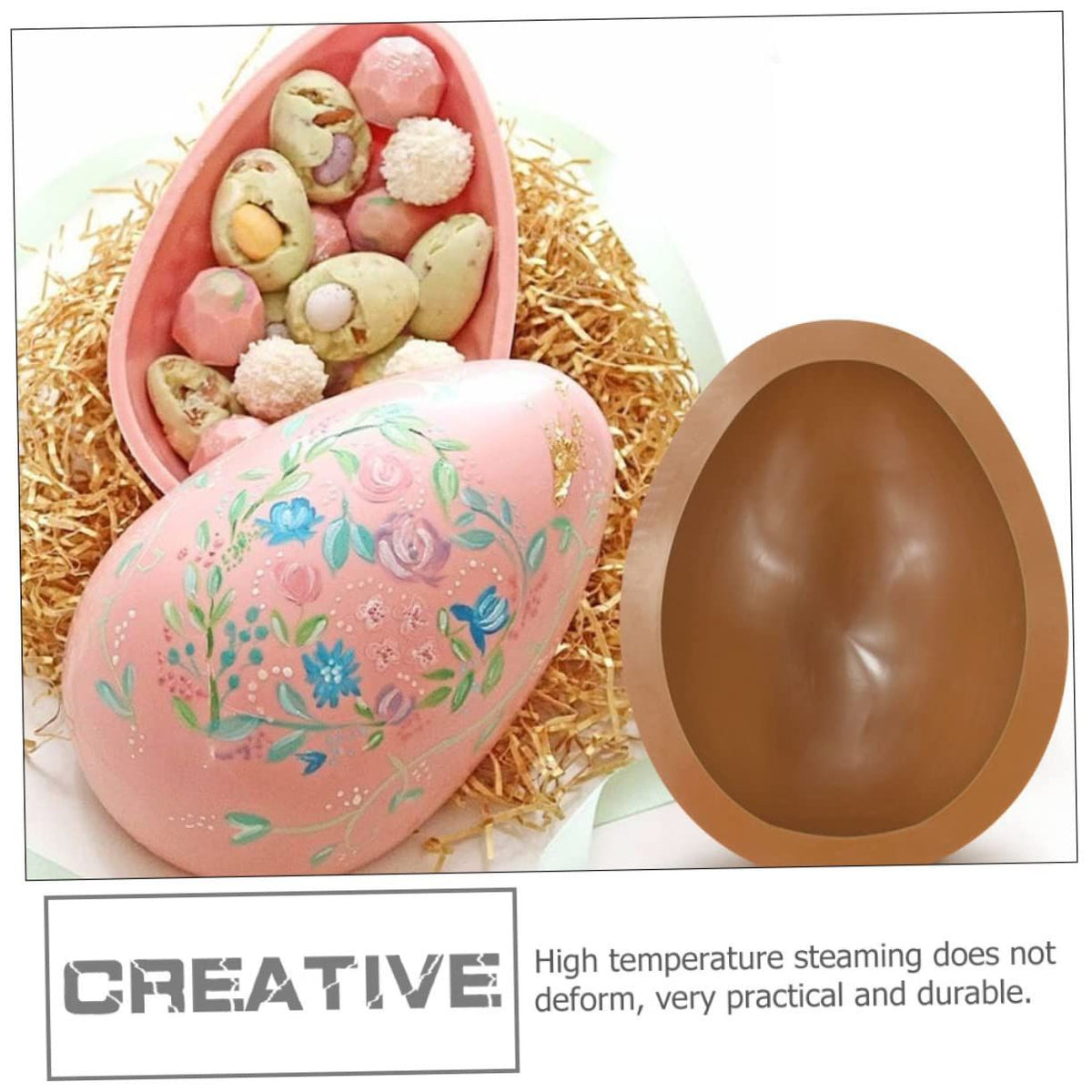 Silicone Easter egg mold for baking and chocolate making, featuring giant egg shape, suitable for kids' pretend play and baking activities.