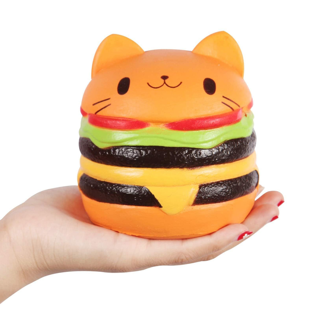 Soft, scented 4.5-inch jumbo squishy cat and hamburger bread toy from Everything Baby, perfect for pretend play and sensory fun.