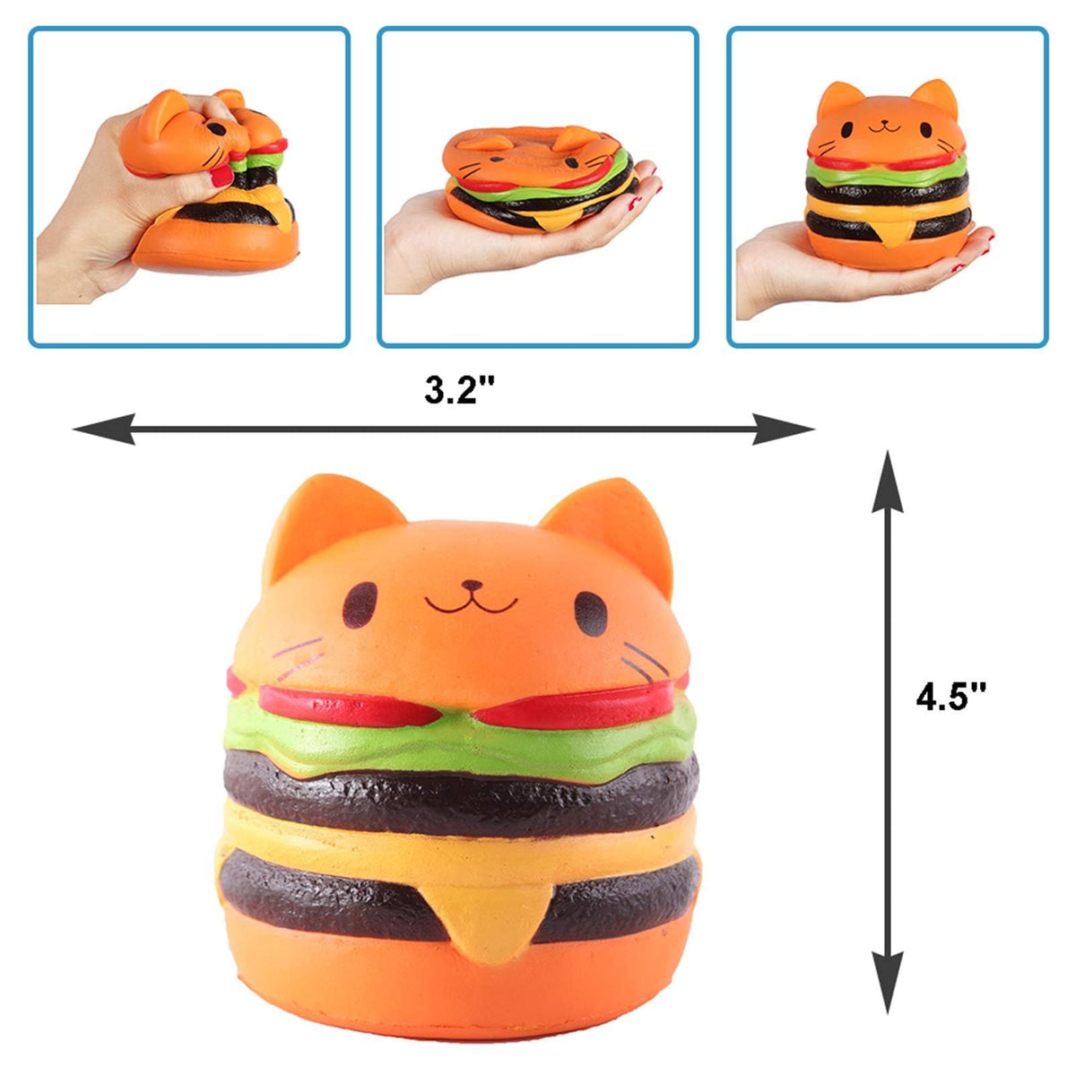 Soft, scented 4.5-inch Jumbo Squishies Cat Hamburger Bread toy, cute and slow-rising for kids' pretend play.