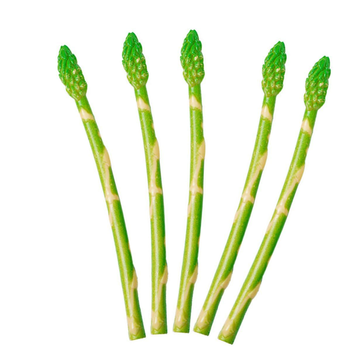 Set of 5 lifelike artificial asparagus vegetable toys for kids, realistic faux green asparagus models for pretend play and home decor.