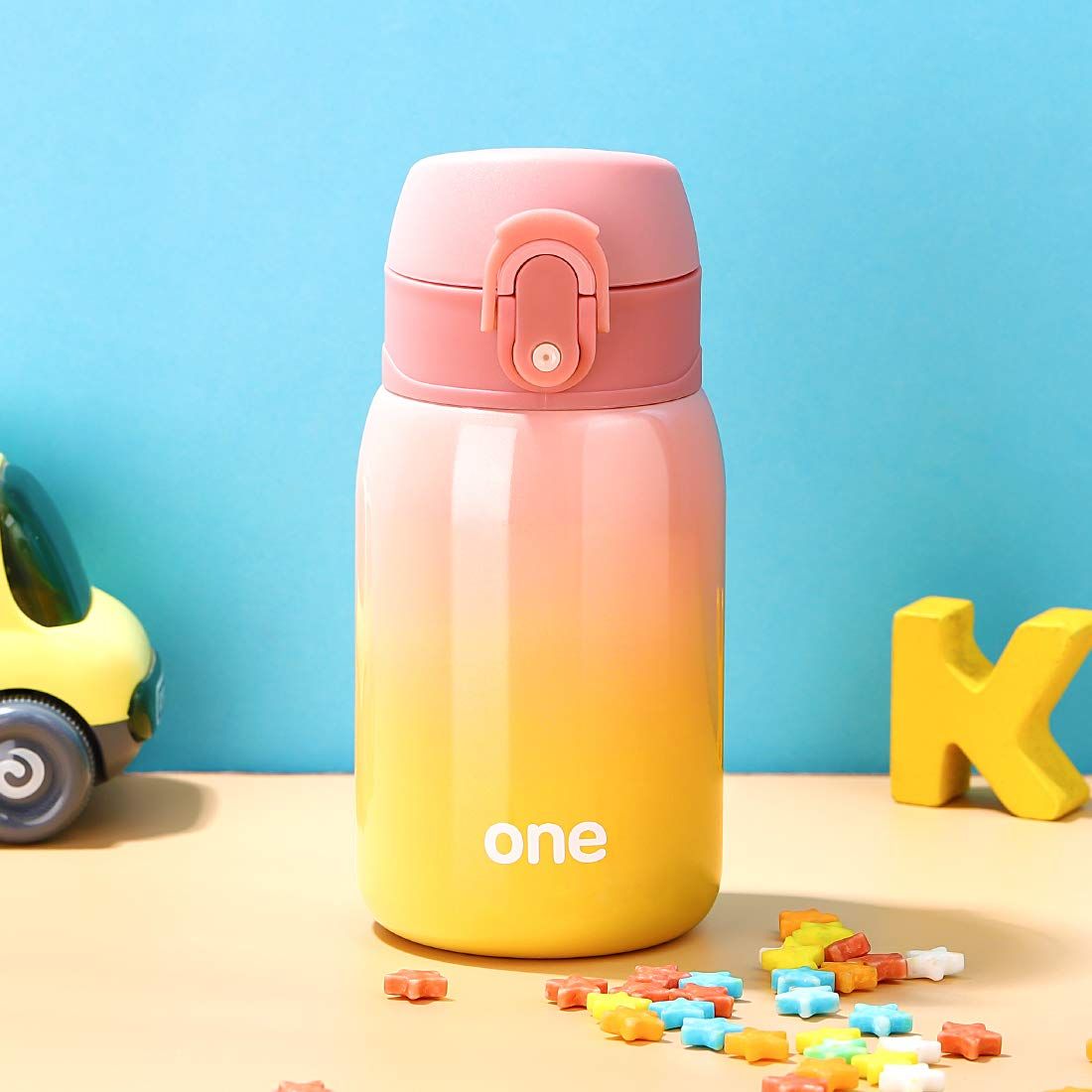 Kids stainless steel water bottle by Everything Baby, double wall vacuum insulated, 9oz, keeps drinks cold for 24 hrs and warm for 12 hrs.