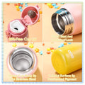 Kids stainless steel water bottle with double wall insulation, 9oz capacity, keeps drinks cold for 24 hours and warm for 12 hours.
