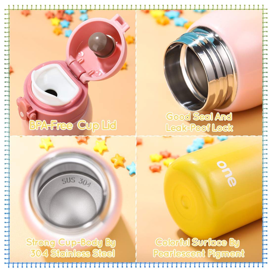 Kids stainless steel water bottle with double wall insulation, 9oz capacity, keeps drinks cold for 24 hours and warm for 12 hours.