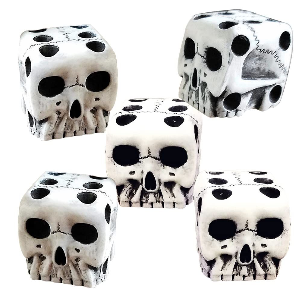 Set of 5 white skeleton dice for Halloween party, mini decorative gaming dice with skeleton faces, suitable for kids' pretend play.