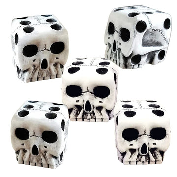 Set of 5 white skeleton dice for Halloween party, mini decorative gaming dice with skeleton faces, suitable for kids' pretend play.
