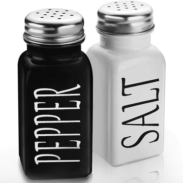 Cute glass salt and pepper shakers set with stainless steel lids, black and white farmhouse style for kitchen table decor.