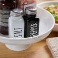 Cute glass salt and pepper shakers set with stainless steel lids, farmhouse style for kitchen decor and pretend play by Everything Baby.