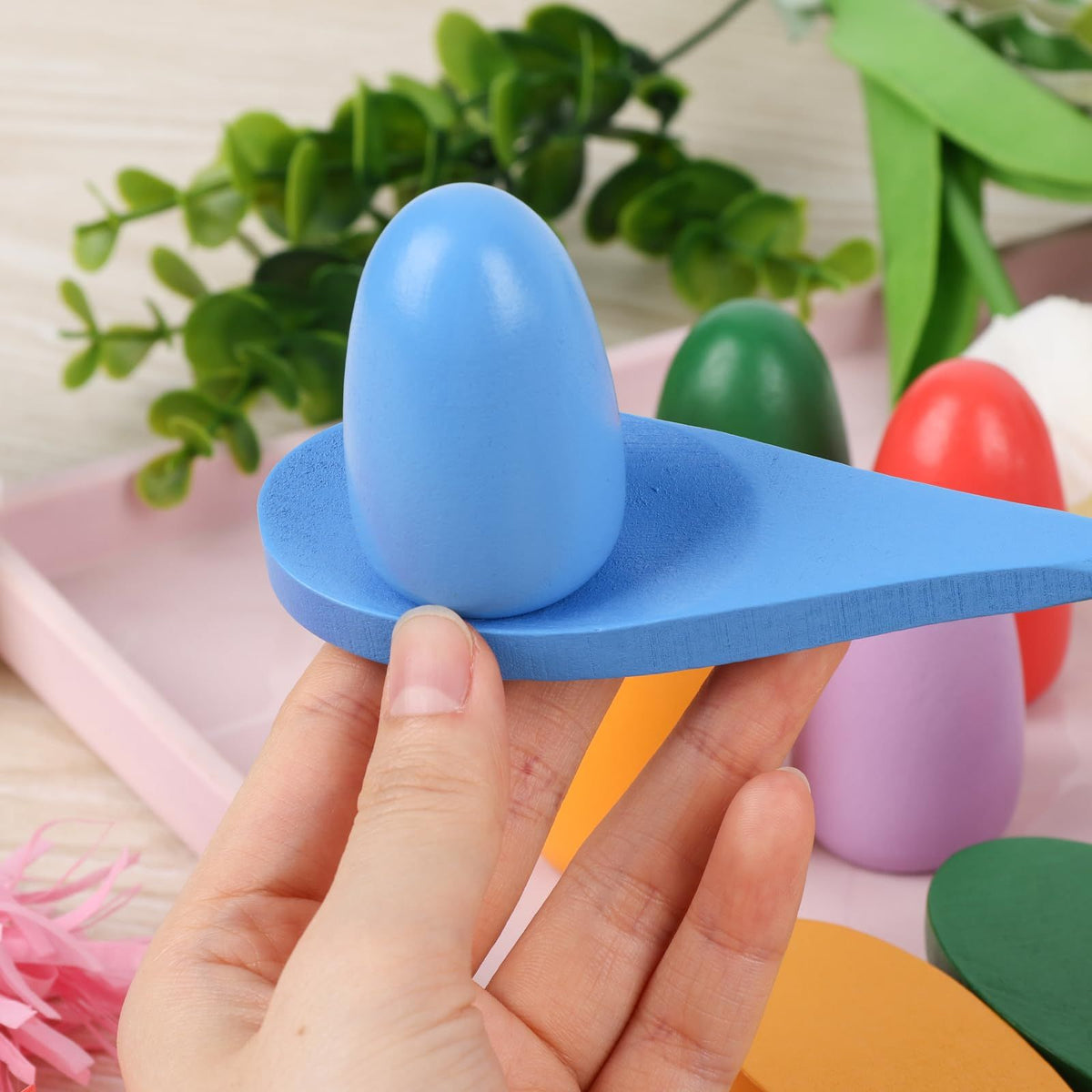 Wooden egg spoon race game set for kids, includes 6 pieces, outdoor lawn relay race toy for Easter egg hunt and outdoor play.