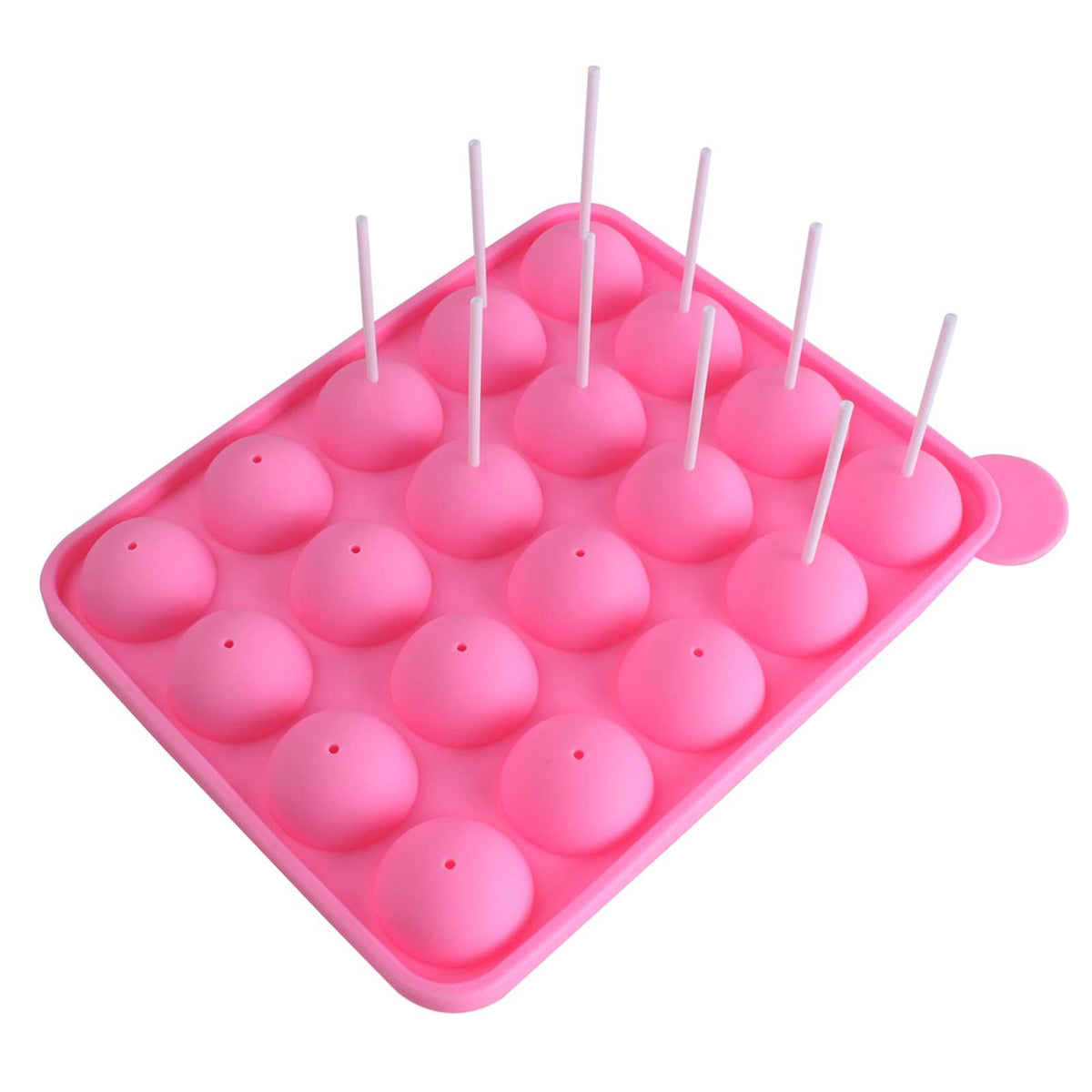 Pink silicone cupcake baking mold with 20 cavities, designed for cake pops and pretend play baking activities for kids.