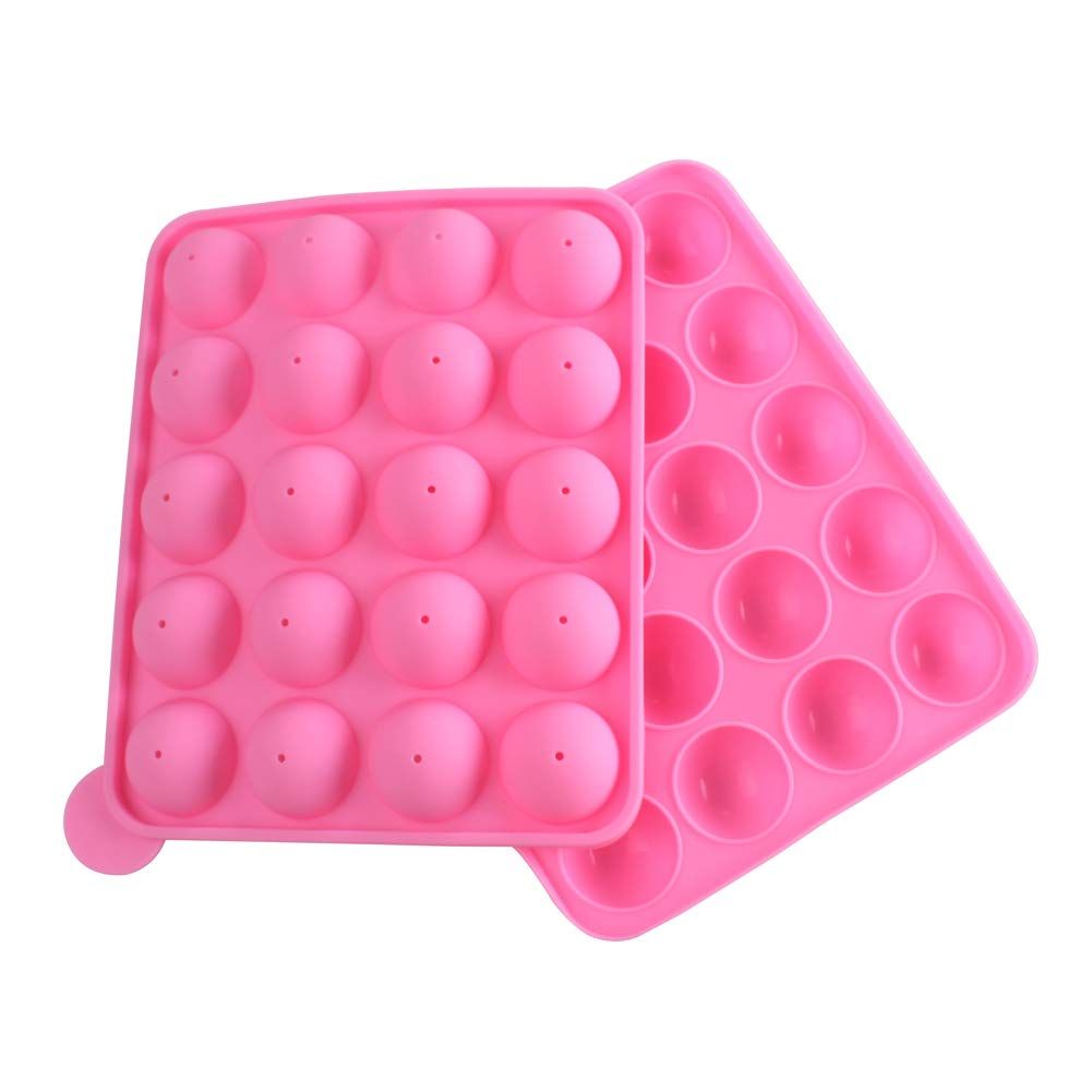 Pink silicone cupcake mold with 20 cavities for cake pops, designed for kids' pretend play, easy to clean and use.