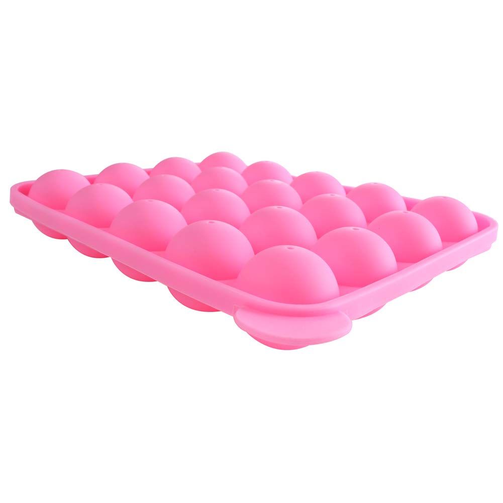 Pink silicone cupcake mold with 20 cavities for cake pops, easy to clean and use, ideal for pretend play baking activities.