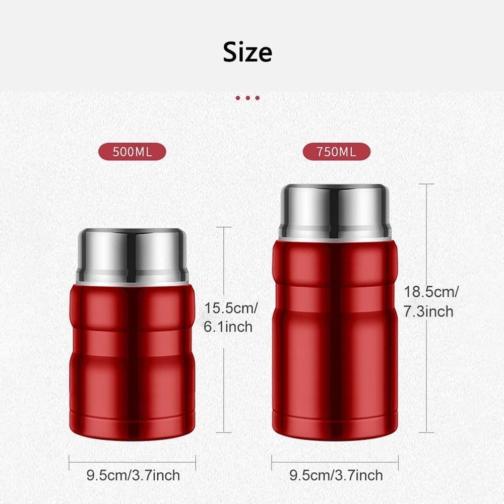 Red stainless steel thermos lunch box for kids, 500ml/750ml vacuum-insulated container by Everything Baby, ideal for soups and snacks.