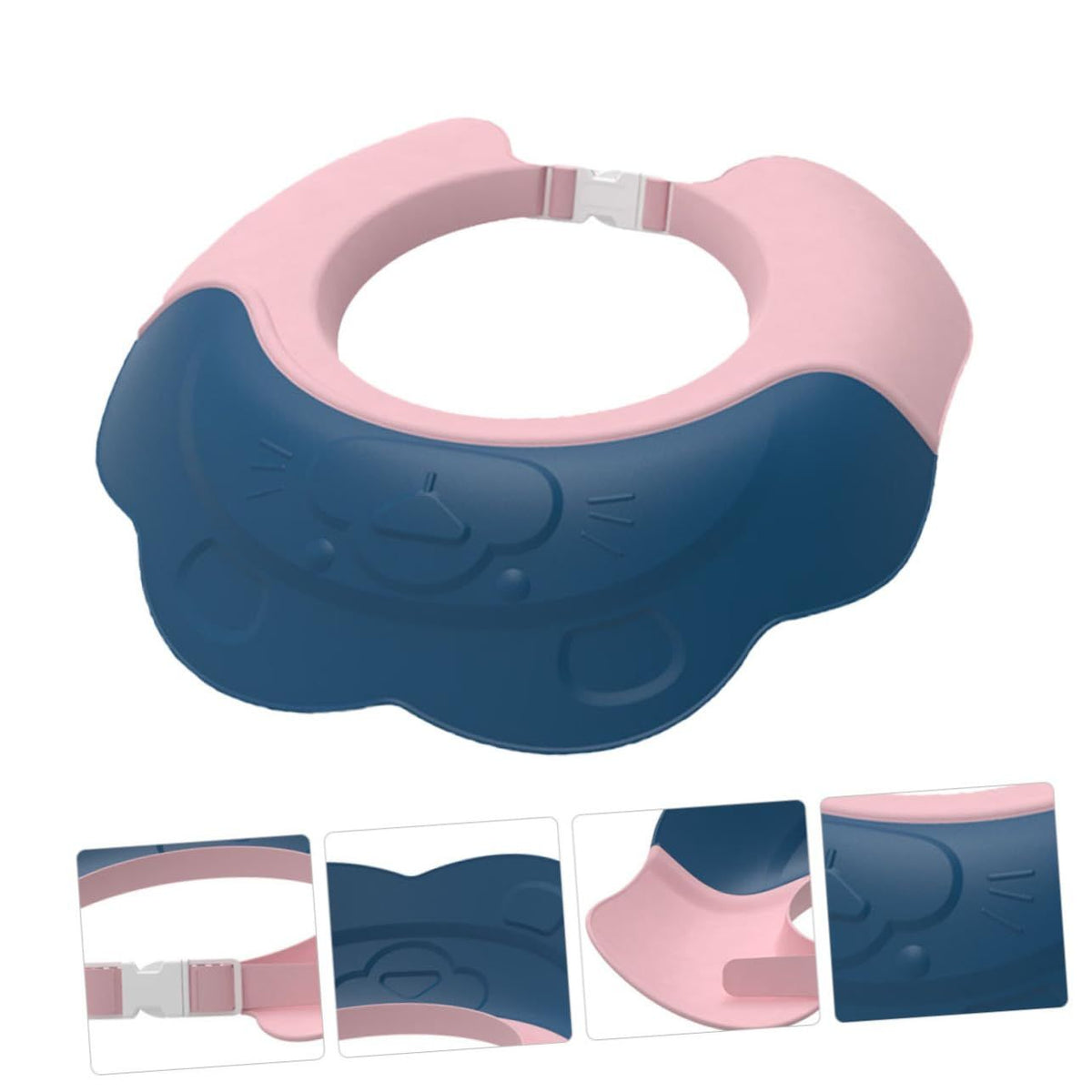 Bright blue silicone shower cap for kids by Everything Baby, designed to keep water and shampoo out during baths.