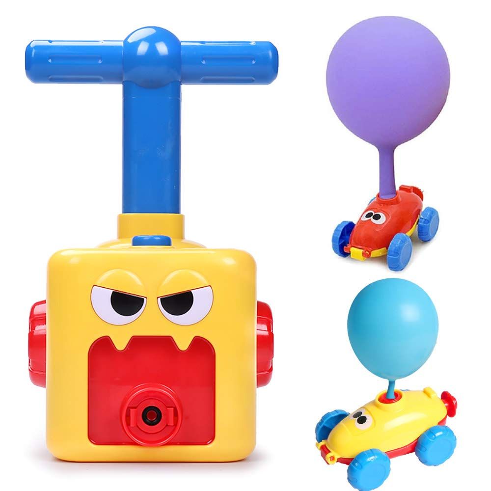 Inflatable balloon-powered car toy for kids with six balloons, featuring a colorful design and ride-on car style for fun play.