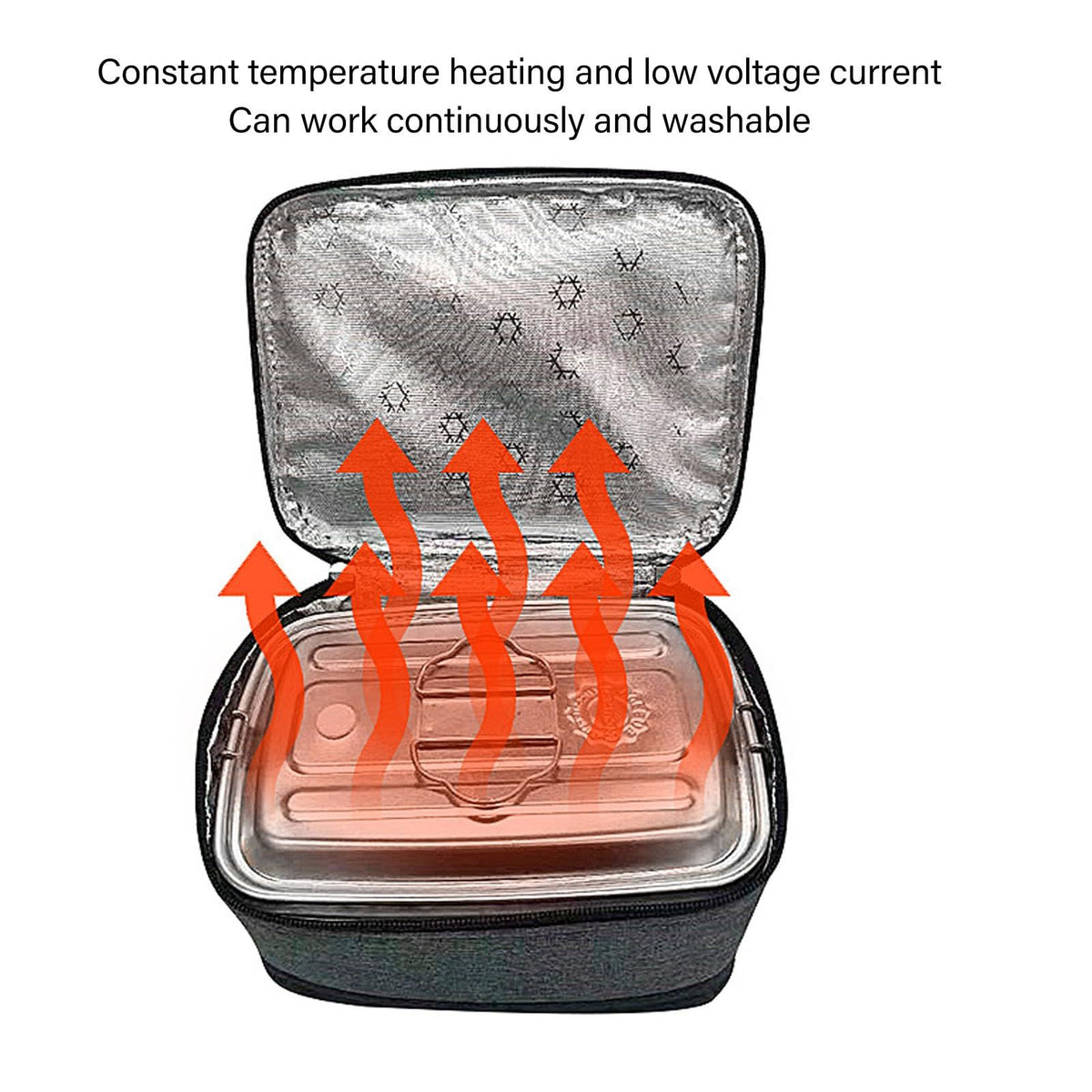 Gray portable electric lunch box with USB heater, insulated bag for warming food, ideal for kids' pretend play and portable meals.
