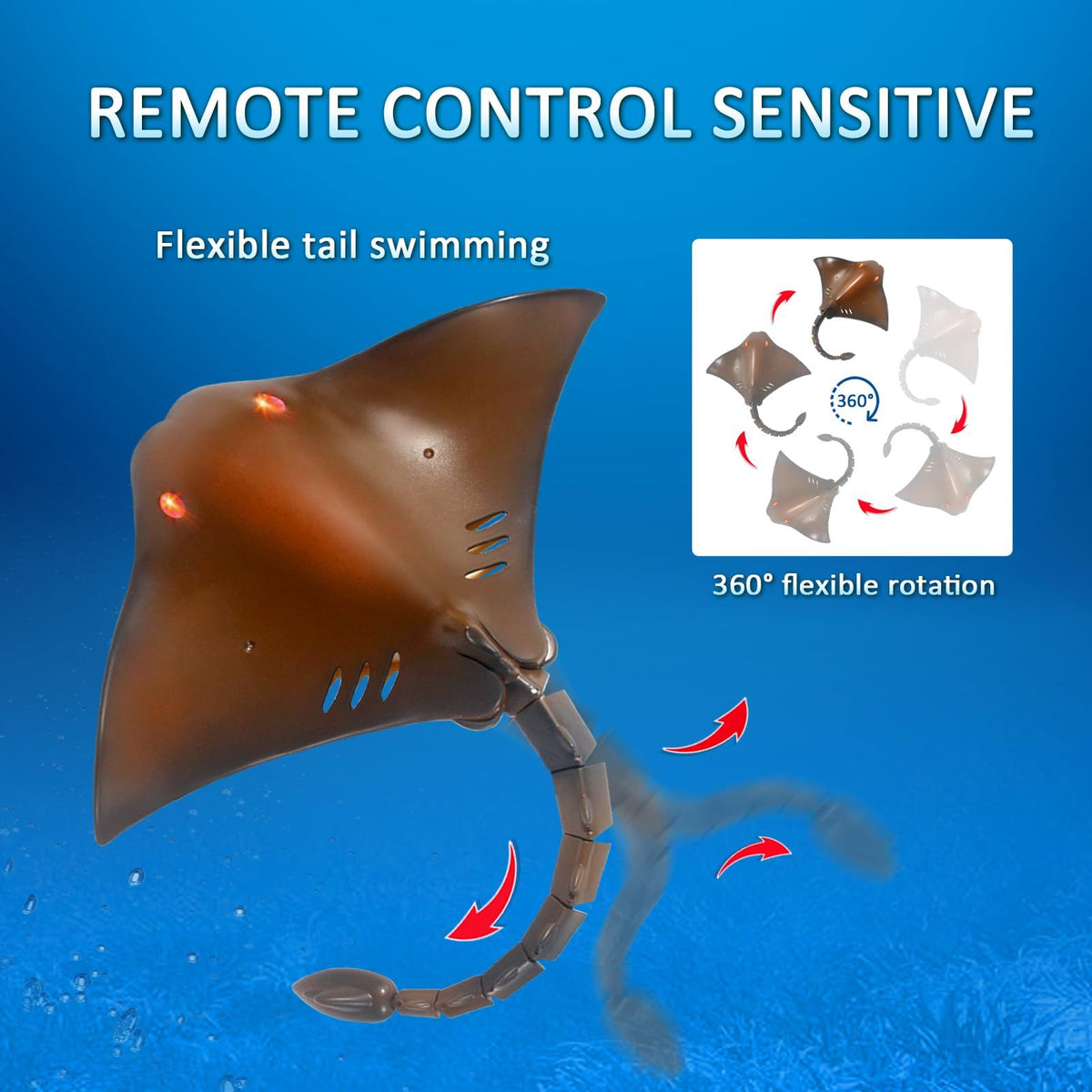 Remote control shark stingray toy for kids, realistic swimming pool water toy with aquatic design and vibrant colors.