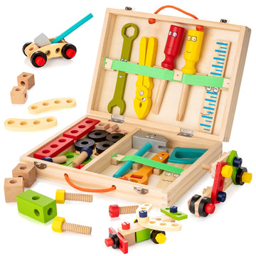 Wooden kids' tool kit with toy tools, toolbox, and DIY stickers, perfect for outdoor play and Montessori construction fun.