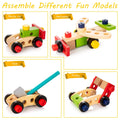 Wooden kids' tool kit with toy tools, toolbox, and DIY stickers for toddlers, educational outdoor construction toy set.