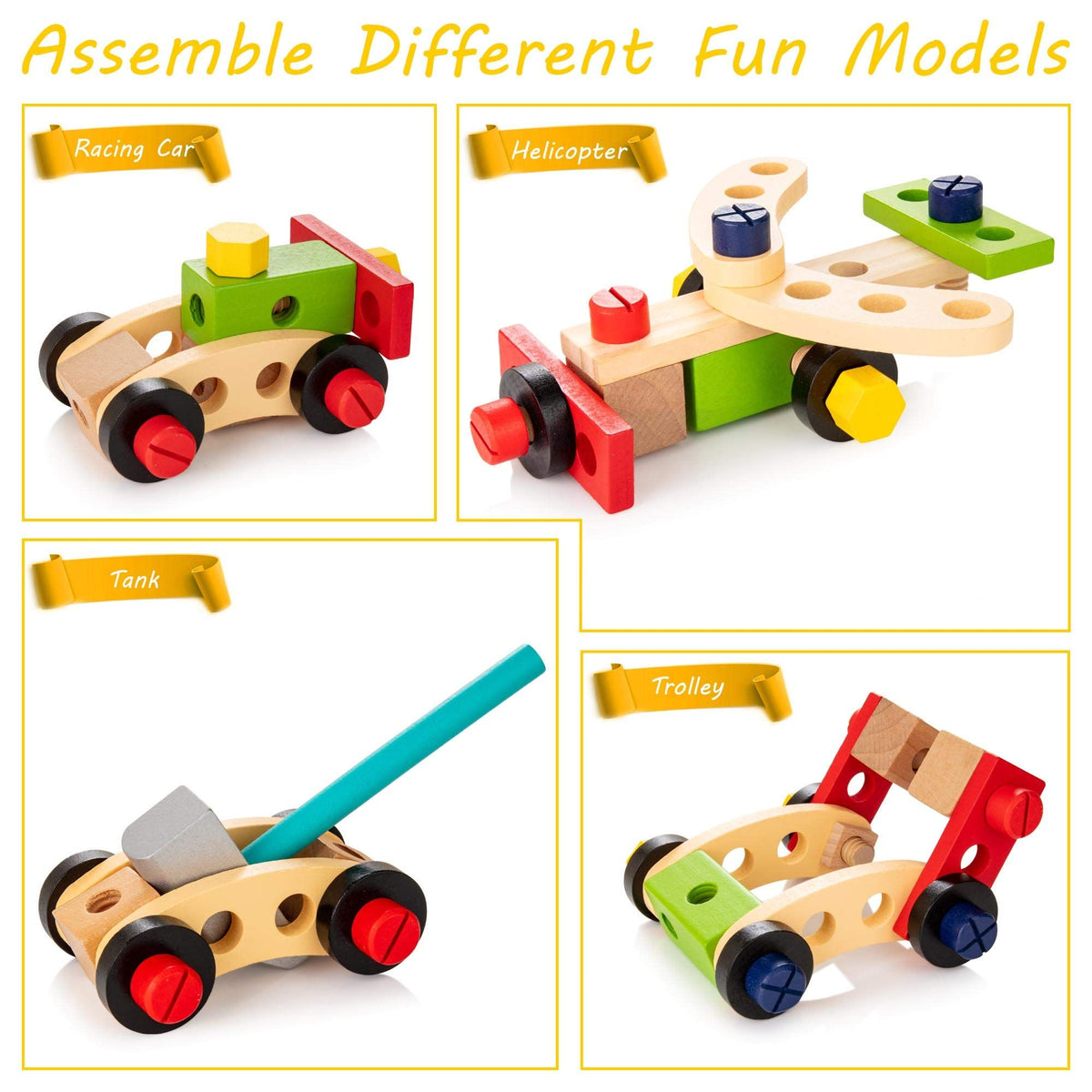 Wooden kids' tool kit with toy tools, toolbox, and DIY stickers for toddlers, educational outdoor construction toy set.