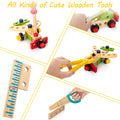 Wooden kids’ tool kit with toy tools, toolbox, and DIY stickers for toddlers, Montessori-style educational construction play set.