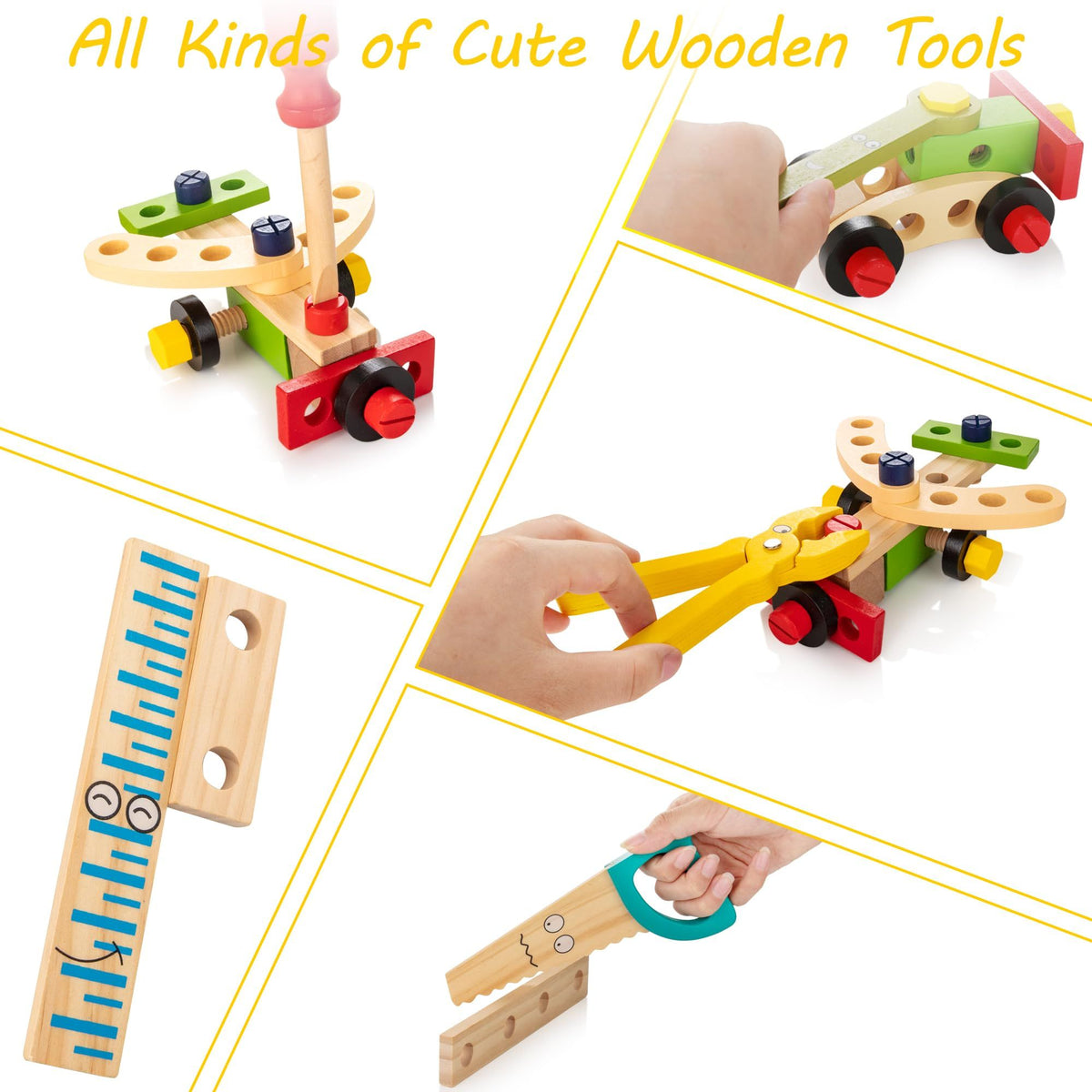 Wooden kids’ tool kit with toy tools, toolbox, and DIY stickers for toddlers, Montessori-style educational construction play set.