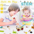 Wooden kids' tool kit with toy tools, toolbox, and DIY stickers, Montessori construction toy set for outdoor play and educational fun.