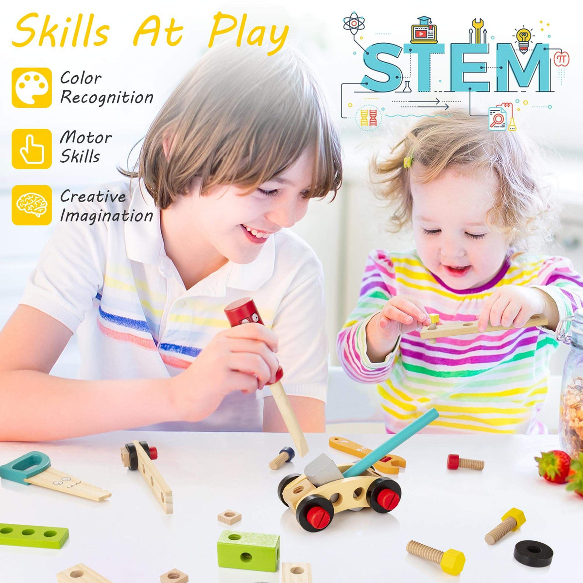 Wooden kids' tool kit with toy tools, toolbox, and DIY stickers, Montessori construction toy set for outdoor play and educational fun.