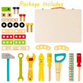 Wooden kids' tool kit with toy tools, toolbox, and DIY stickers for toddlers, educational Montessori construction outdoor play.