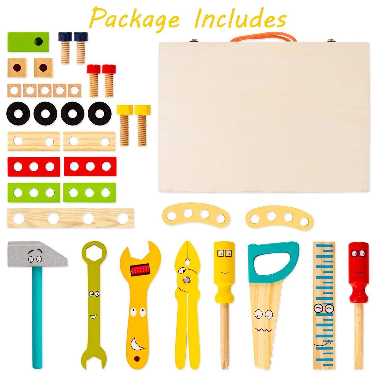 Wooden kids' tool kit with toy tools, toolbox, and DIY stickers for toddlers, educational Montessori construction outdoor play.
