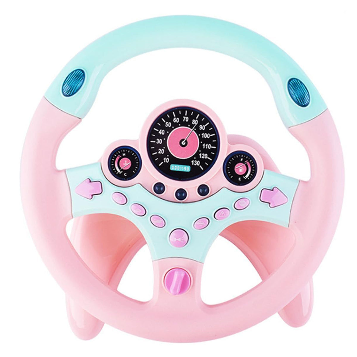 Pink and blue driving controller toy with lights and sound effects for kids and adults, designed for ride-on cars and educational play.