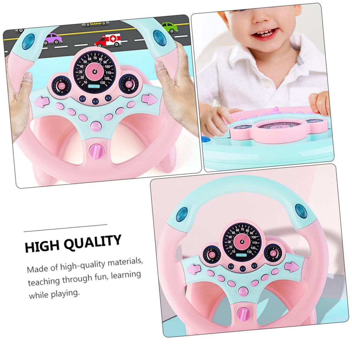 Pink and blue driving controller toy with light and sound effects for kids and adults, part of ride-on cars from Everything Baby.