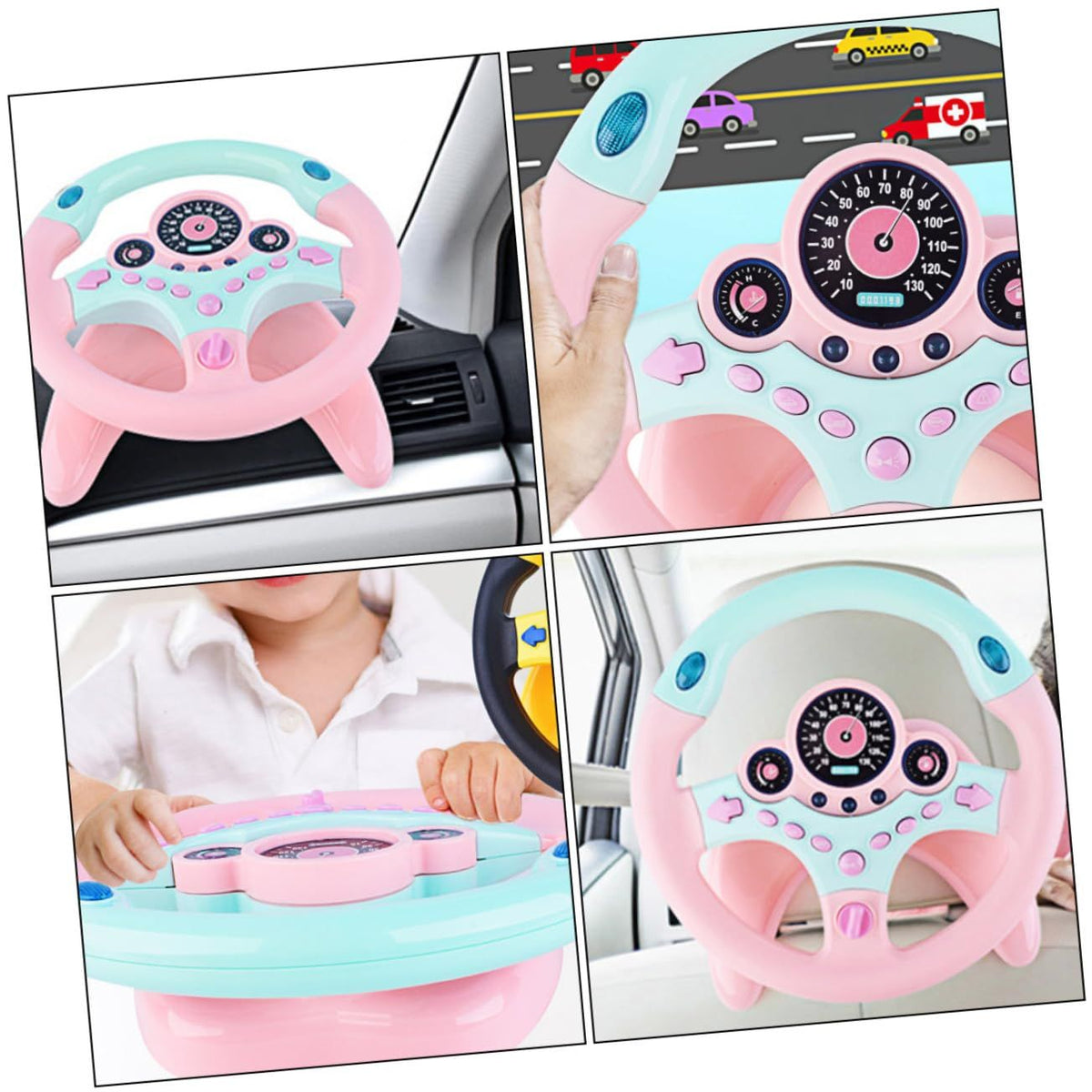 Pink and blue driving controller toy with light and sound effects for kids, used for learning and pretend driving.