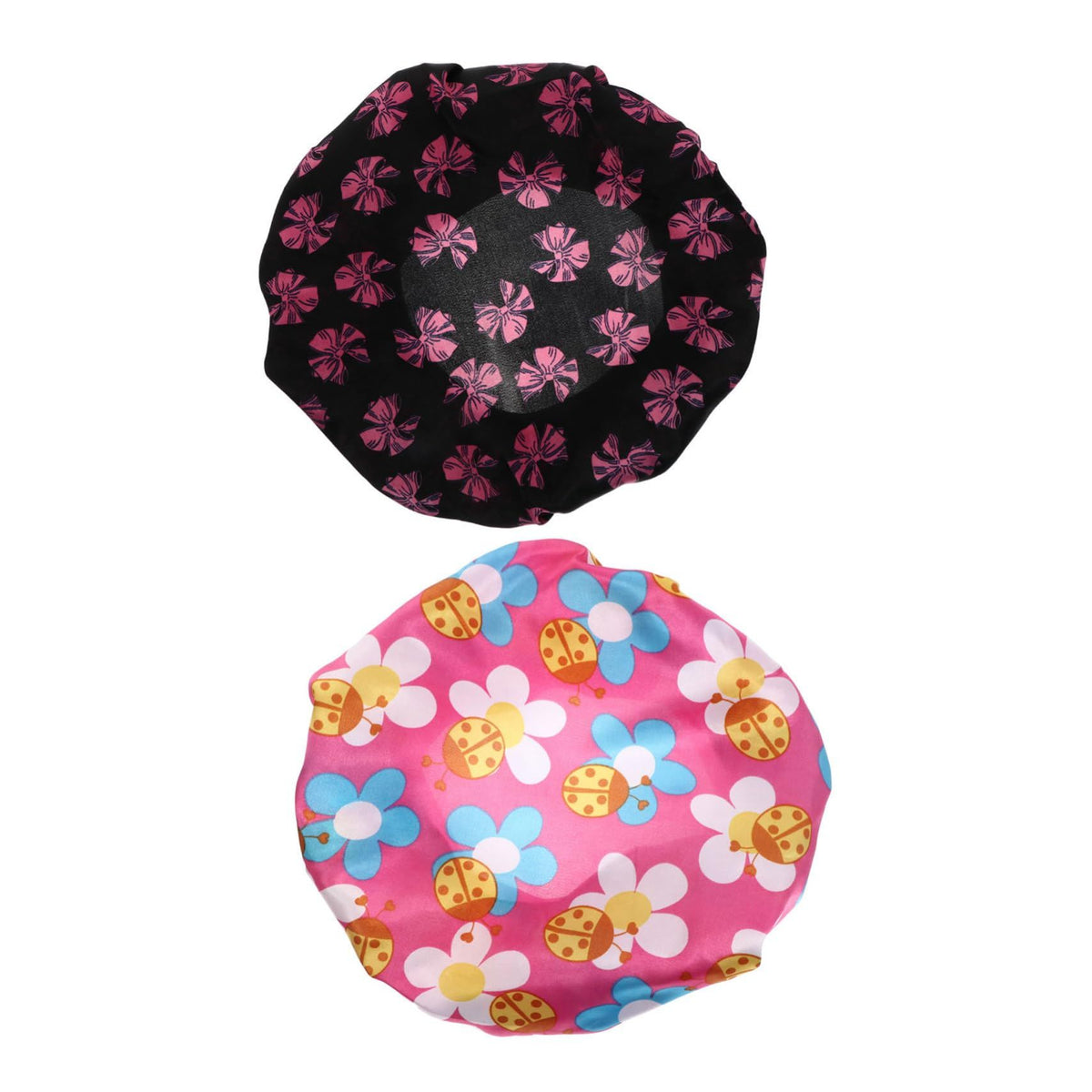 Two printed satin sleeping hats for kids, elastic shower caps and night sleep caps, ideal for gentle hair protection during sleep.