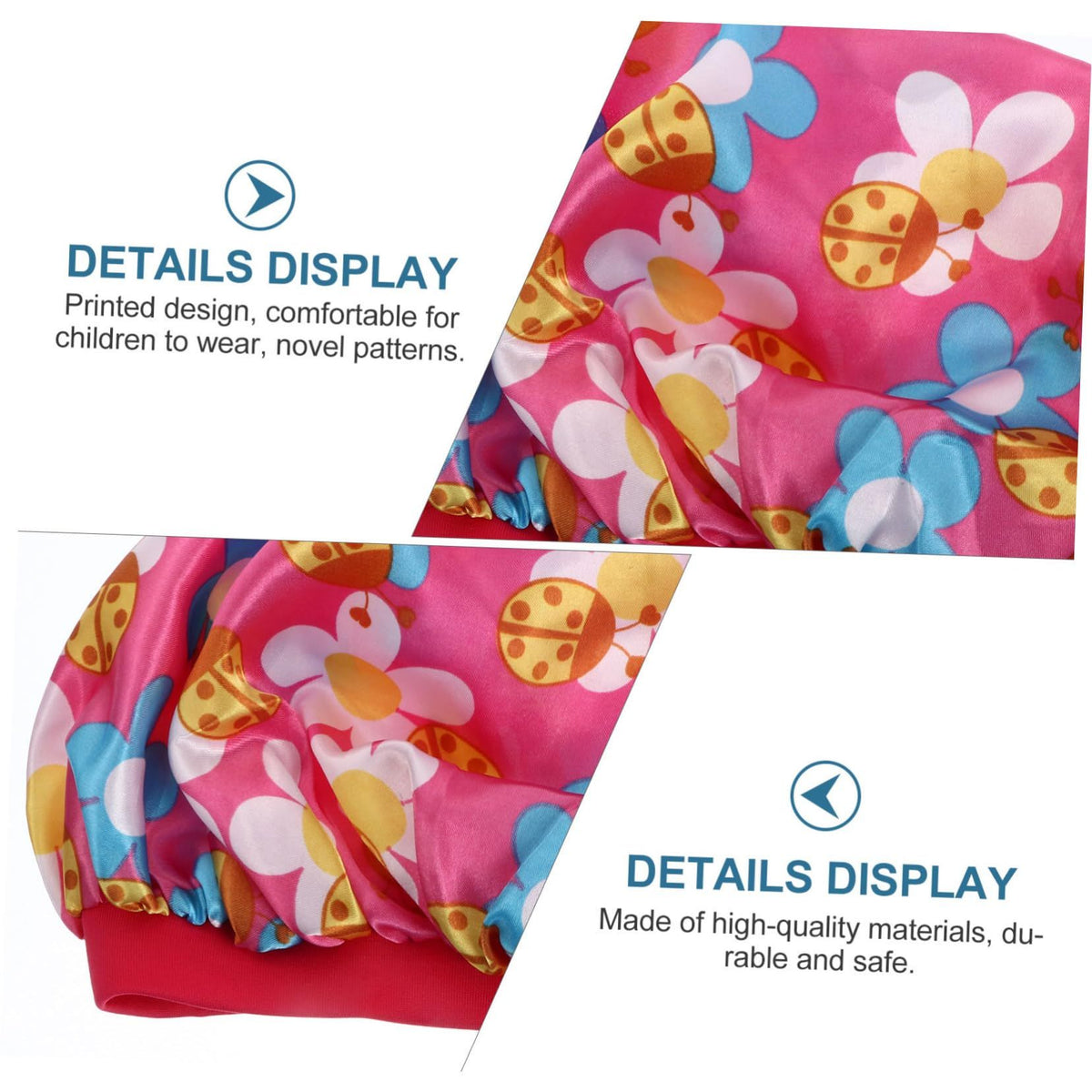 Two children's satin sleep hats with colorful printed designs, elastic bands, and soft fabric for comfortable nightwear.