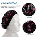 Two children's satin sleeping hats with colorful prints, elastic sleep caps designed for comfortable night wear and hair protection.